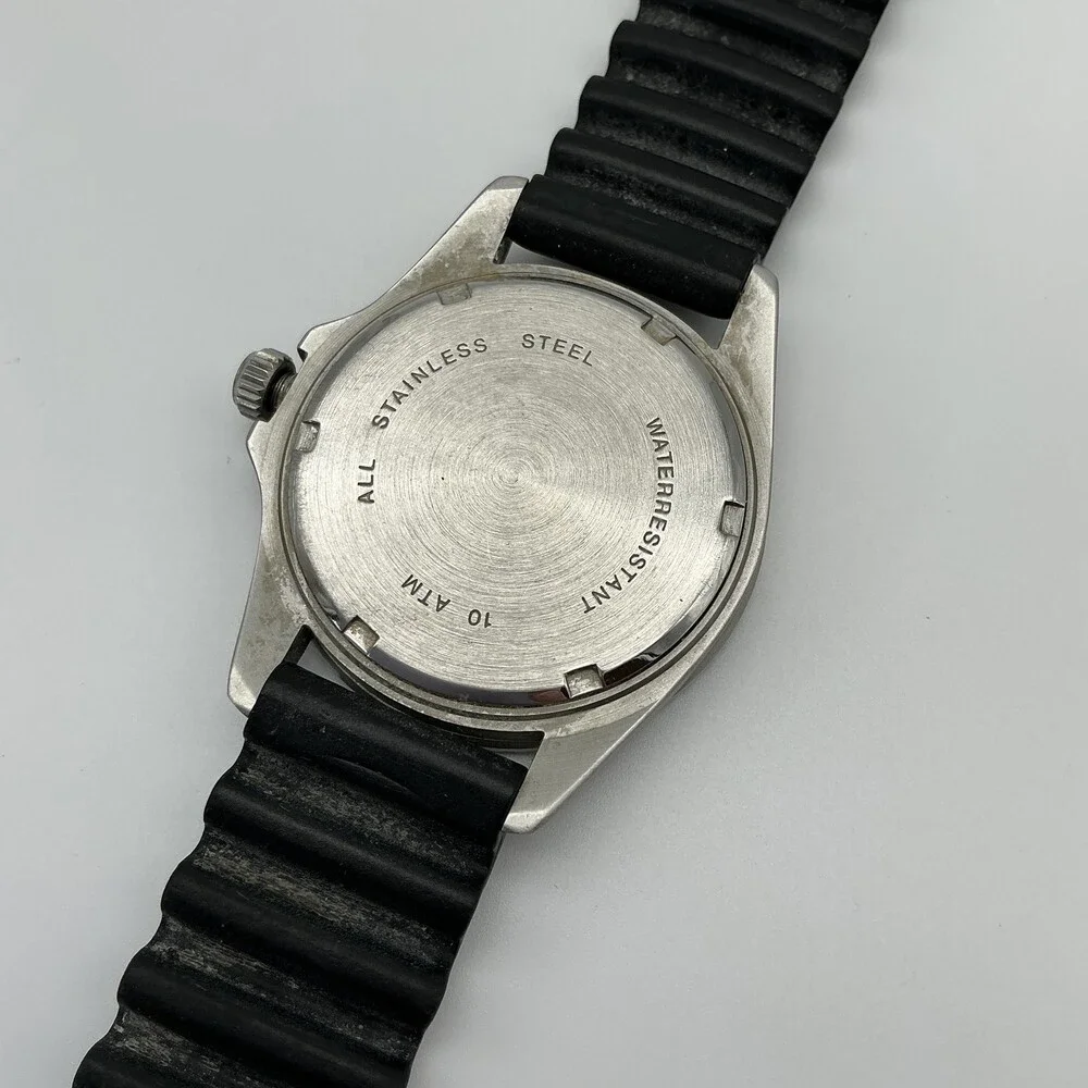 REI Mens Watch 36mm Silver TOneBlack Dial Swiss Diver Rubber 100M New Battery